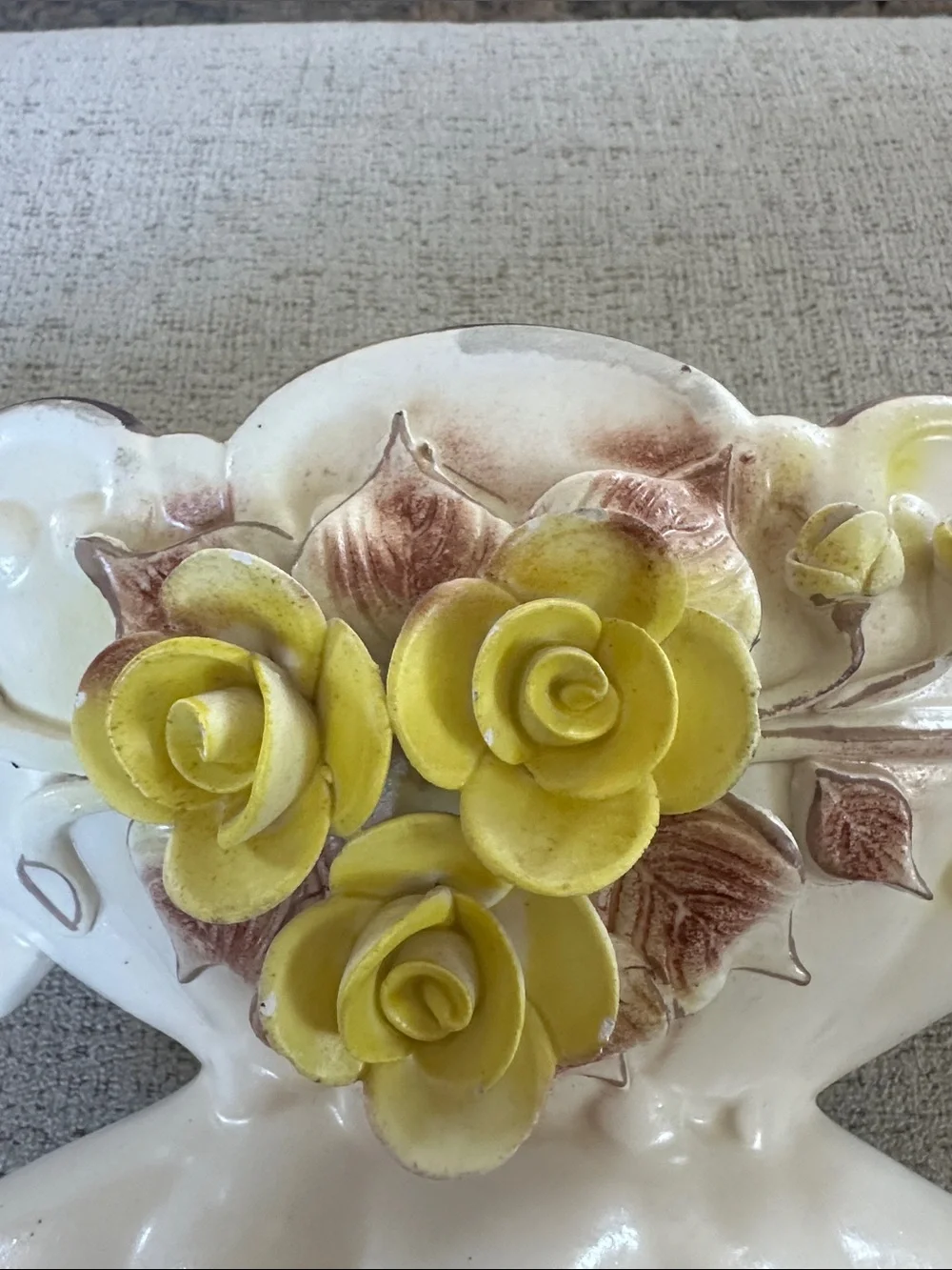 Vintage Capodimonte Style Hand Applied Yellow Rose Centerpiece Vase-Bowl